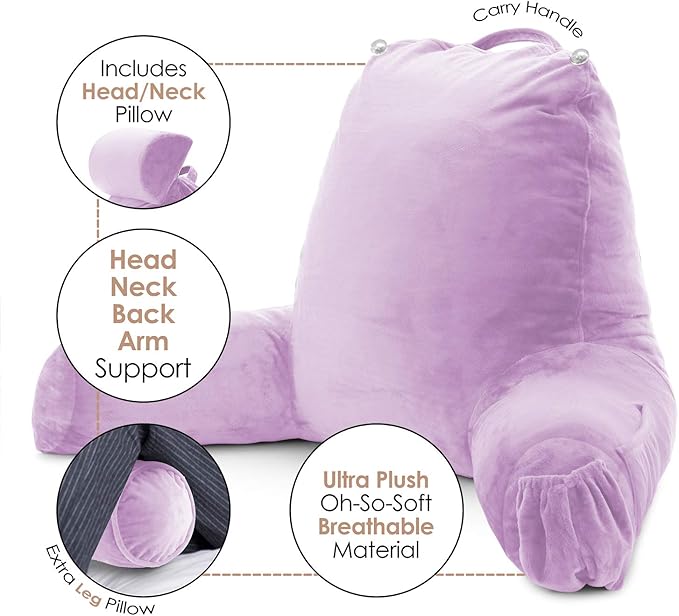 Clara Clark Reading Pillow with Shredded Memory Foam Includes 2 Neck and Lumber Support Pillows, Designed for Sitting Up in Bed and Couch, Back and Arms Adjustable Support for Adults & Teens, Lavender