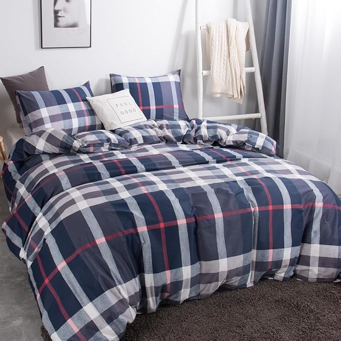 CLOTHKNOW Blue Plaid King Size Comforter Set Buffalo Tartan Bedding Comforter Sets Soft Blue White Grey Red Comforter with 2 x Pillow Cases