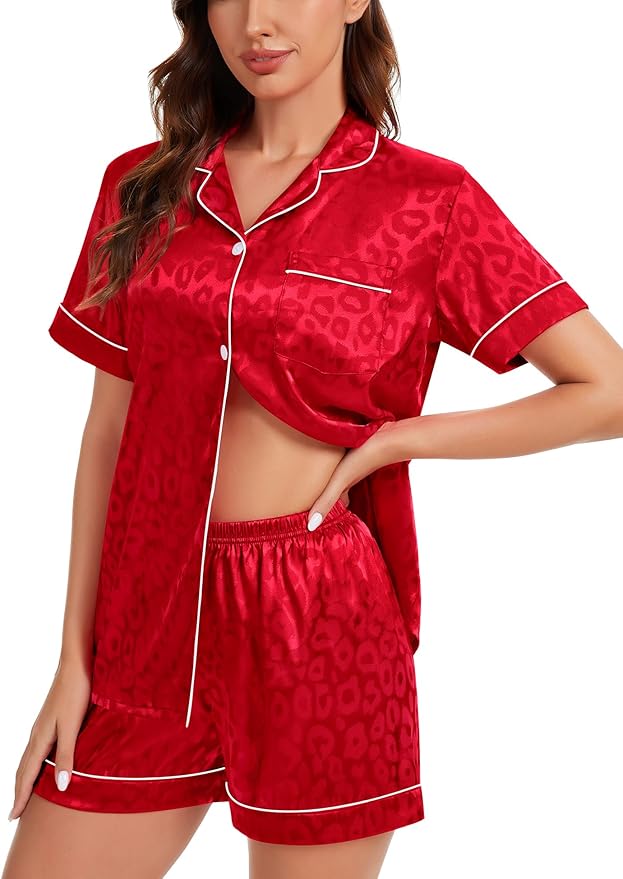 LecGee Womens Silk Satin Pajamas Short Sleeve Loungewear Two-Piece Sleepwear Button-Down Pj Set