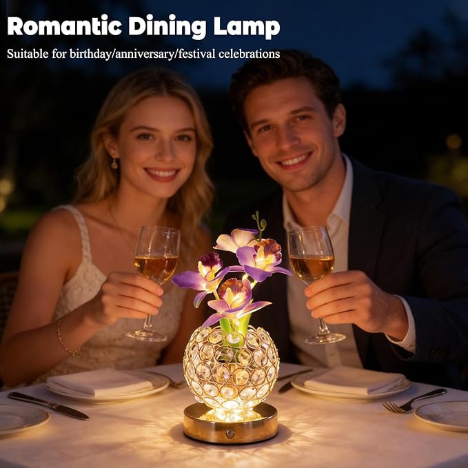 Flower Table Lamp, Orchid Flower with Crystal Vase Lamp, Cordless Touch Desk Light, 3 Colors Dimming & Rechargeable, Small Night Light for Bedroom Home, Romantic Gifts for Girl Women (Purple)