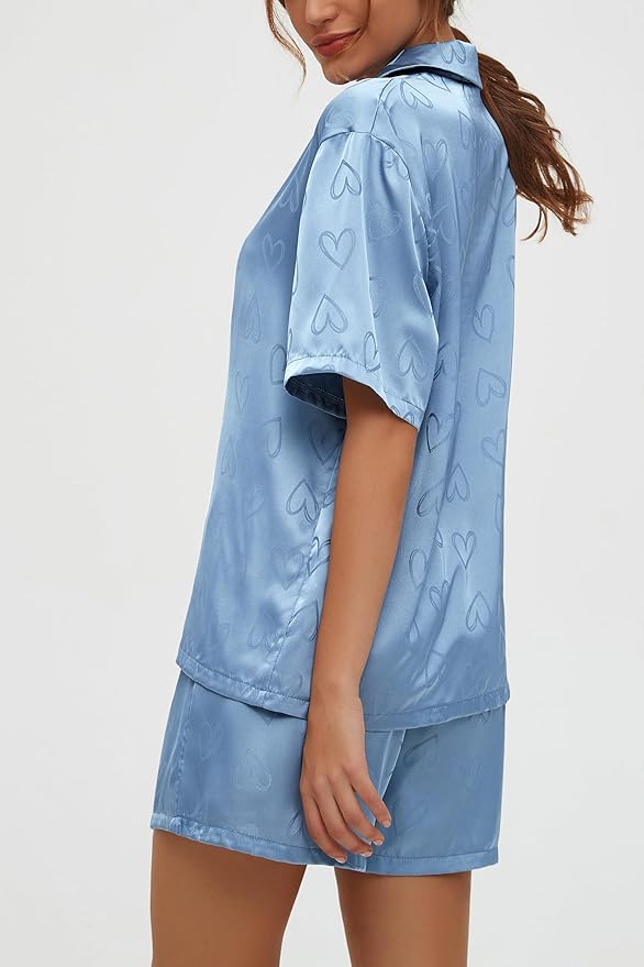 CHYRII Women's Silk Satin Pajamas Sets Tie Front Short Sleeve Tops and Shorts Two Piece Pj Sets Sleepwear