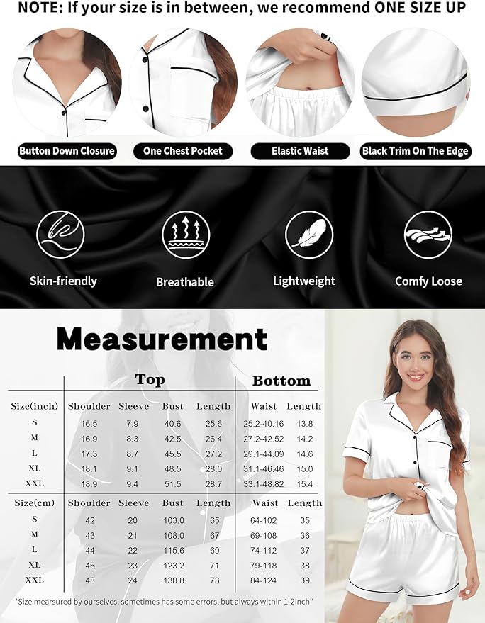 Silk Pajamas for Women Satin Womens PJ Set 2 Piece Short Lounge Set Summer Sleepwear Notch Collar Button-Down Pjs
