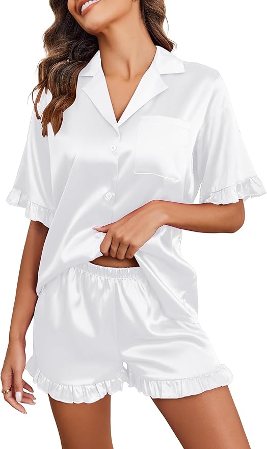Ekouaer Satin Pajama Set for Women Button Down Silk 2 Piece Pj Sets Ruffle Short Sleeve Sleepwear