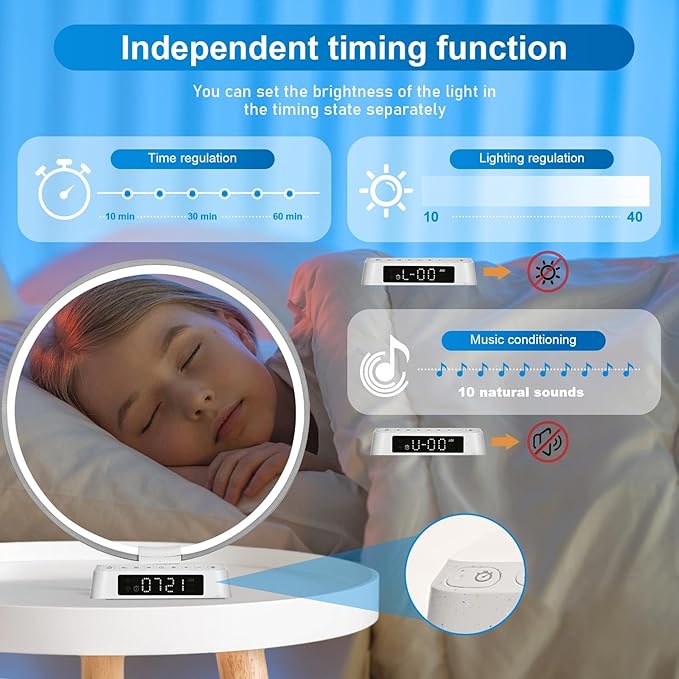 Sunrise Alarm Clock Wake Up Light - 3 Color LED Lamp with Sound & Light Awakening, Bioclock Adjustment, Ring Light Design for Bedroom Bedside