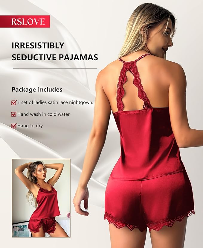 RSLOVE Women Pajama Set Sleepwear - Satin Pajamas Silk V Neck Cami and Shorts Pjs 2 Piece Womens Sexy Lace Lounge Nightwear