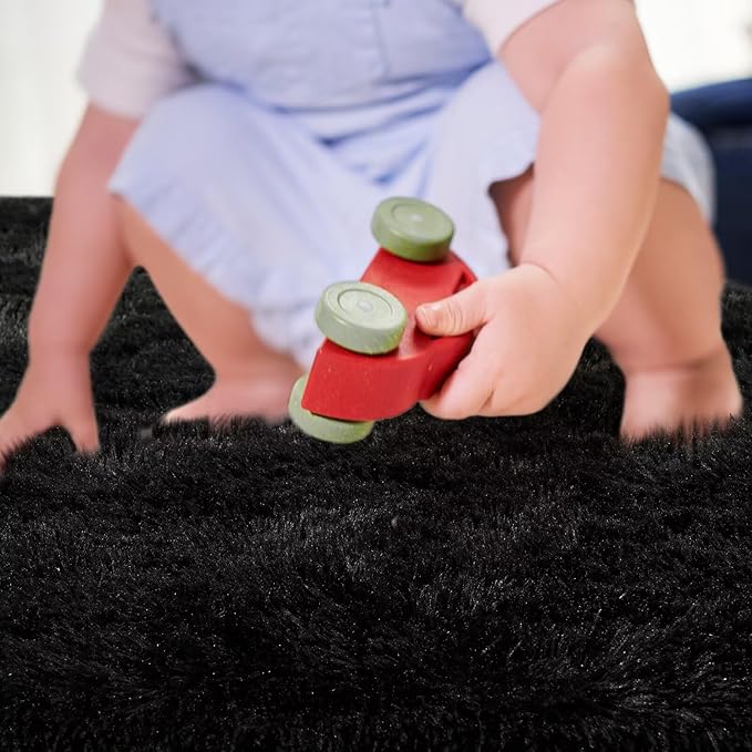 junovo 3x5 Black Washable Area Rug for Boys Bedroom, Soft Non-Slip Fluffy Bedside Rugs, Shag Plush Memory Foam Carpet for Kids Room Baby Nursery Home Decor Aesthetic