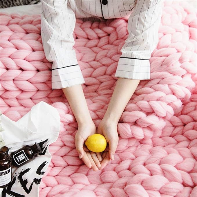 Knit Chunky Blanket Giant Throw Merino Wool Yarn Hand Made Bed Sofa Chair Mat(Pink 40"x60")