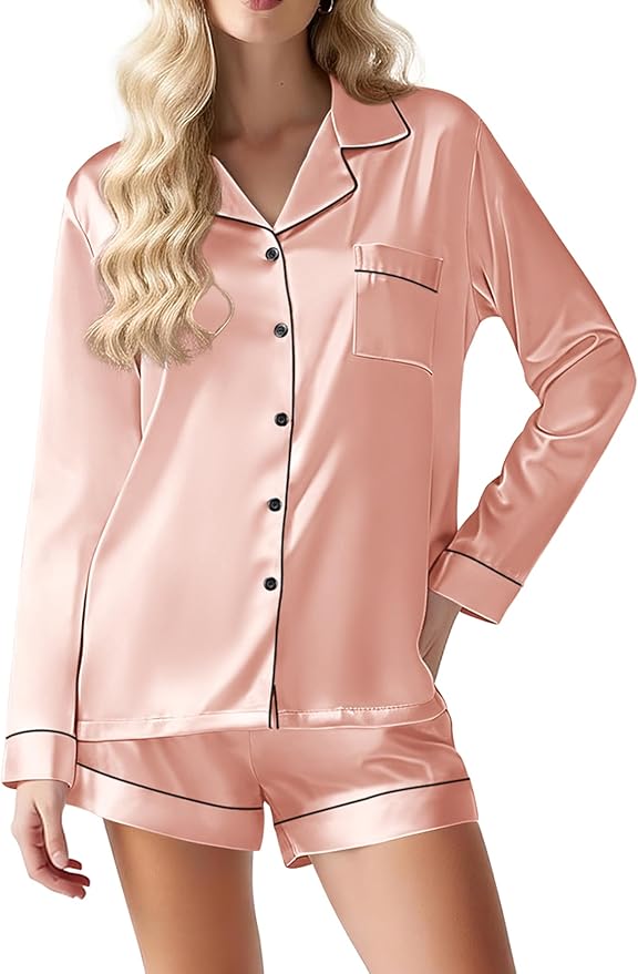 Ekouaer Satin Pajama Set for Women Button Down Pj Set Long Sleeve Top and Shorts 2 Piece Loungewear Summer Soft Sleepwear