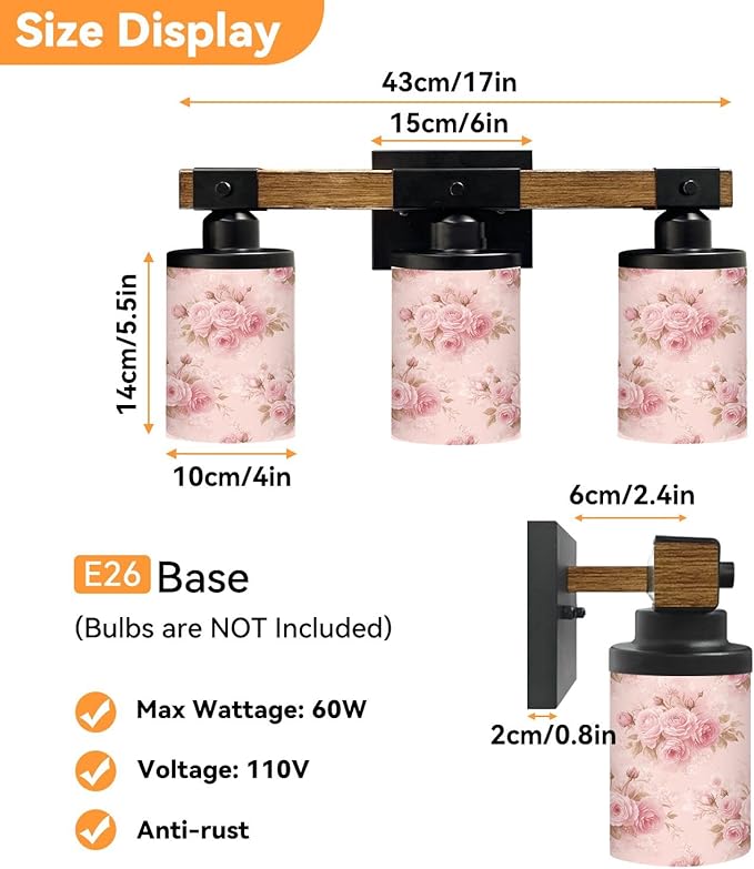 Vanity Lights for Bathroom Wall Lights for Bedroom Living Room Soft Pink Roses Floral Light Modern Bathroom Light Fixtures Wall Sconces 3 Light Home Decor