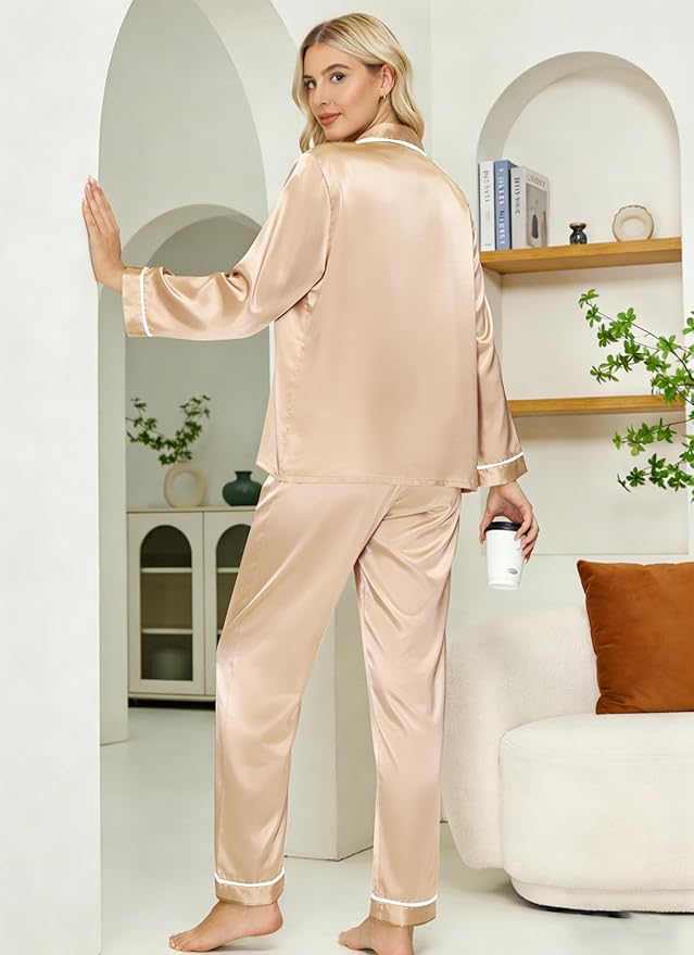 DOLOS Silk Satin Pajama Set for Women Short/Long Sleeve 2-Piece Silky Pajamas for Women Button Down Pjs Sleepwear Loungewear