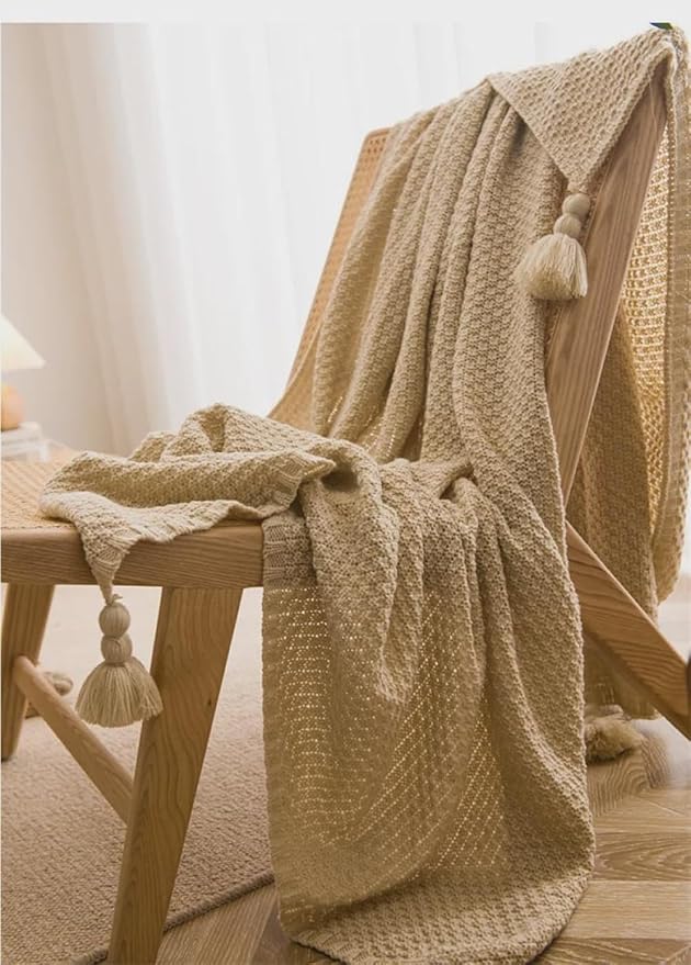 Chunky Cable Knitted Throw Blanket for Couch, Sofa and Bed, 43.3X60IN Lightweight Rustic Decorative Cozy Farmhouse Throw Blankets for Women and Man (Beige)