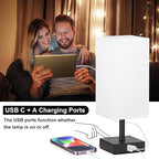 Ambimall Touch Control Table Lamp with USB A+C Charging Ports - 3 Way Touch Lamps Bedside, Nightstand Lamp for Bedrooms, LED Bulb Included(White Shade & Black Base)