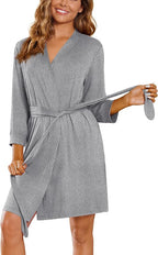 Ekouaer Women‘s Robes Lightweight 3/4 Sleeve Short Knit Bathrobe Soft Knee Length Sleepwear Robes with Pockets S-XXL