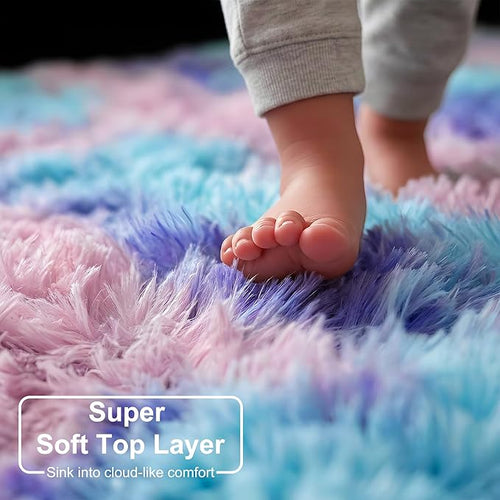 Amdrebio Purple Rainbow 2x3 Small Area Rugs for Bedroom Girls Room Decor, Colorful Mermaid Stitch Frozen Kids Rugs for Playroom Nursery Dorm, Fluffy Furry Cute Shag Kawaii Carpet for Baby Toddler