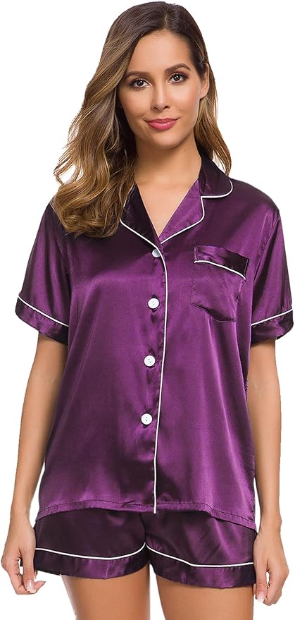 SWOMOG Womens Silk Satin Pajamas Set Short Sleeve Sleepwear Button Down Top and Shorts Loungewear 2 Piece Pjs Set XS-3XL