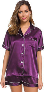 SWOMOG Womens Silk Satin Pajamas Set Short Sleeve Sleepwear Button Down Top and Shorts Loungewear 2 Piece Pjs Set XS-3XL