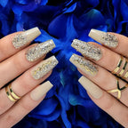 Hypnaughty 24 Pcs Vegas Gold and Nude Luxury Coffin Press On Fake Nails with Glitter Design and Glue Ombre Glitter Long Medium Long False Nails Full Cover Acrylic Nails (Vegas)