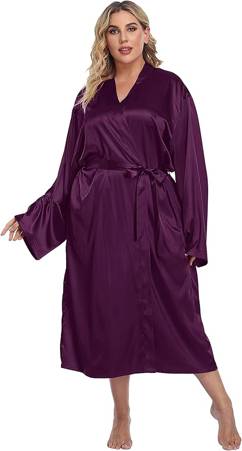 Women's Plus Size Satin Kimono Robes Long Silky Bathrobe Lightweight Sleepwear Wedding Dressing Gown