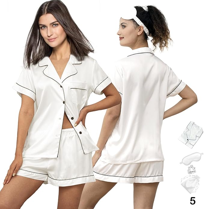 WJing Yi Jia 5Pcs Womens Soft Satin Pajama Set XS-4XL Button-Down Silk Pajamas Floral Sleepwear Bridal Pjs Lounge Pj Sets