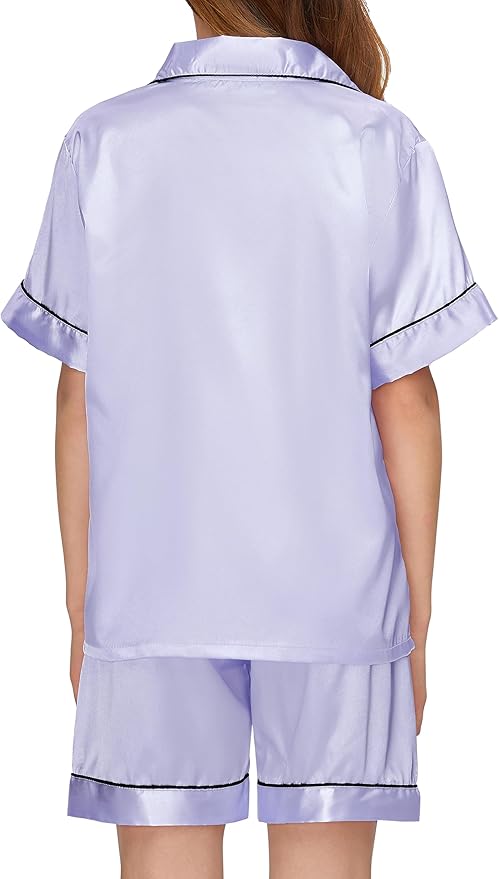 EPLAZA Kids Satin Pajamas Sets Girls Boys Button-Down Silky Pajamas Sleepwear with Hairband Eye Mask Hair Tie