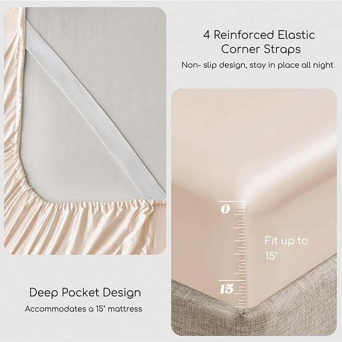 MR&HM Satin Bed Sheets, Full Size Sheets Set, 4 Pcs Silky Bedding Set with 15 Inches Deep Pocket for Mattress (Full, Beige)