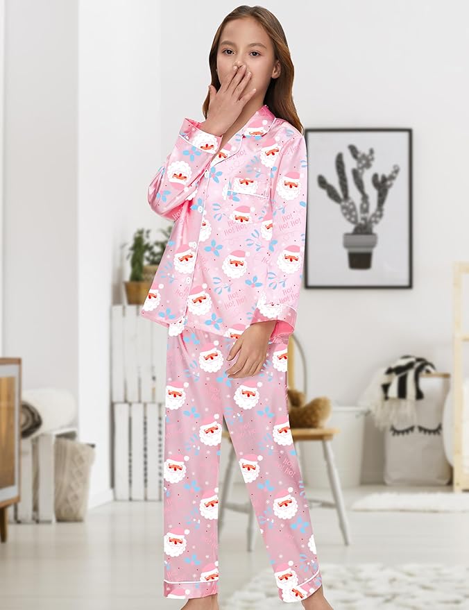 EPLAZA Kids Satin Pajamas Sets Girls Boys Button-Down Silky Pajamas Sleepwear with Hairband Eye Mask Hair Tie