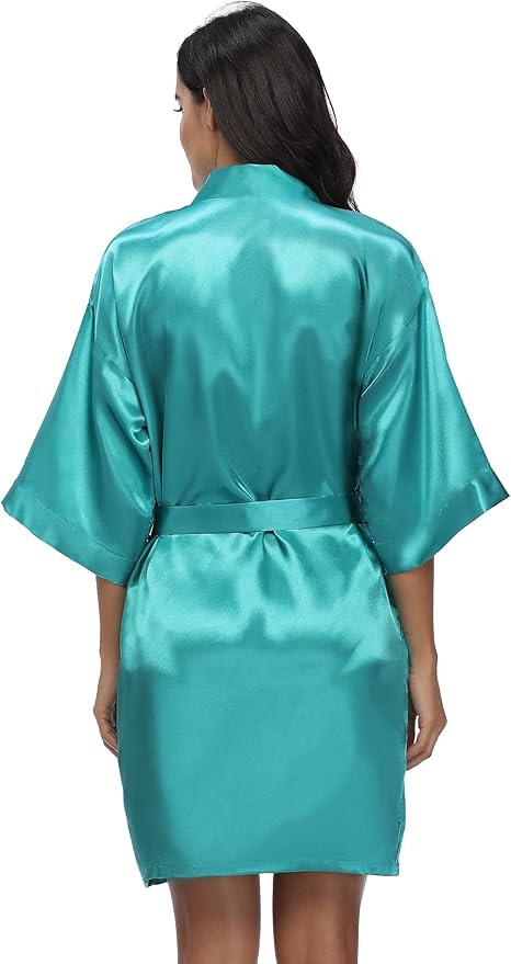 Women's Satin Kimono Robe Wedding Getting Ready Silky Bathrobe Short Bridesmaid Dressing Gown
