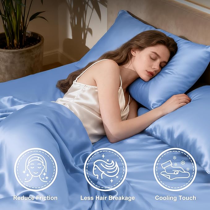 Love's cabin Satin Queen Sheets Set - 4 Piece Sky Blue Silky Bed Sheets with Deep Pocket, Luxury Silk Feel Satin Queen Size Sheet Set (1 Flat Sheet,1 Fitted Sheet,2 Pillow Cases)