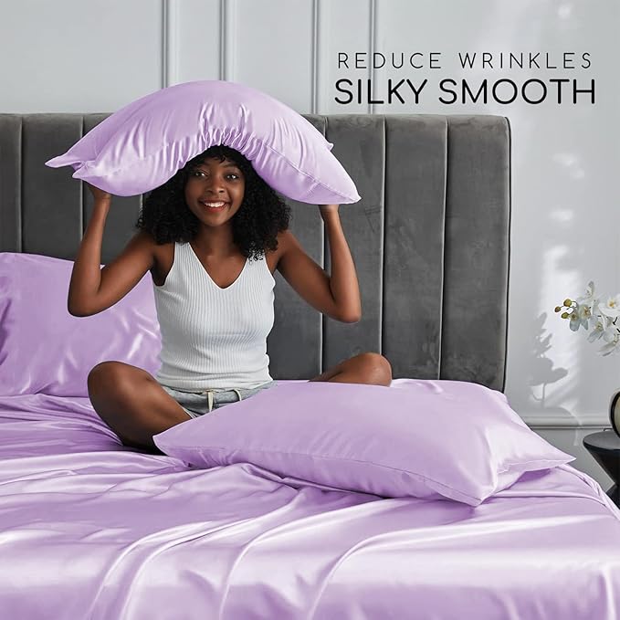 MR&HM Satin Bed Sheets with Elastic Corner Straps, Full Size Sheets Set, 4 Pcs Silky Bedding Set with 15 Inches Deep Pocket for Mattress (Full, Lilac)