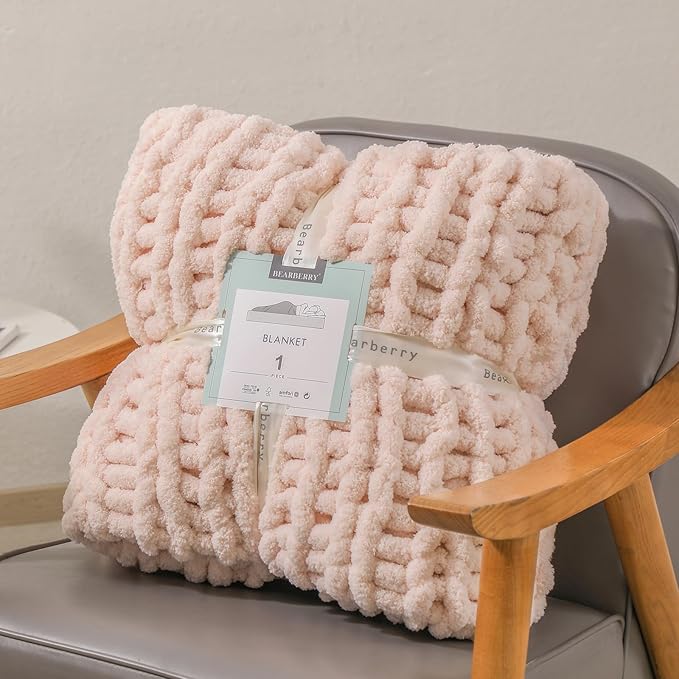 bearberry Chunky Knit Throw Blanket 60x80 Inches Handmade, Soft Jumbo Chenille Yarn with Cable Rope Knot Design | Thick Cozy Large Blanket for Couch, Sofa, Bed & Living Room Home Decor | Pink