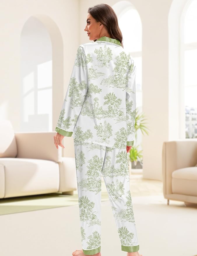 EPLAZA Silk Pajamas for Women Satin Pajamas Set 5 Pcs Long Sleeve Print Pattern Button Down Pjs Sleepwear Loungewear Set