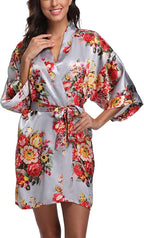 Women's Floral Satin Robes Bride Bridesmaid Getting Ready Robe Short Silky Kimono Sleepwear for Wedding Party