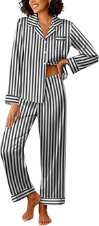 Ekouaer Womens Silk Satin Pajama Sets 2 Piece Sleepwear Pjs Set Long Sleeve Button Down Top and Pants Stripe Loungewear S-XXL