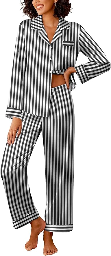 Ekouaer Womens Silk Satin Pajama Sets 2 Piece Sleepwear Pjs Set Long Sleeve Button Down Top and Pants Stripe Loungewear S-XXL