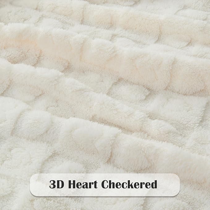 NEWCOSPLAY Super Soft Throw Blanket Ivory Premium Silky Flannel Fleece 3D Heart Checkered Lightweight Bed Blanket All Season Use (Ivory Heart, Throw(50"x70"))