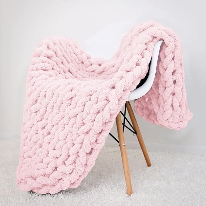 Hand Knit Throw Blanket 39x47 Warm Chunky Knit Bed Throw Soft Chenille Blanket for Sofa Couch Cozy Room Decor Light Pink