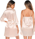 SWOMOG Women's Satin Robe Set 2 Piece Sexy Pajamas Sets Lace Cami Nightgown and Silk Robes Nightwear
