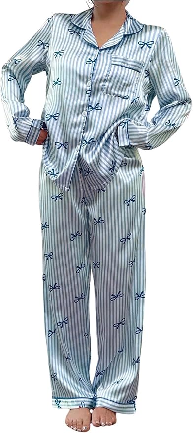 WDIRARA Women's 2 Piece Bowknot Print Satin Pajama Set Long Sleeve Button Down Lounge Pants Sleepwear Sets