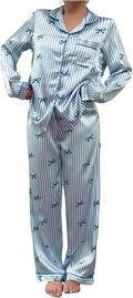 WDIRARA Women's 2 Piece Bowknot Print Satin Pajama Set Long Sleeve Button Down Lounge Pants Sleepwear Sets