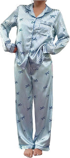 WDIRARA Women's 2 Piece Bowknot Print Satin Pajama Set Long Sleeve Button Down Lounge Pants Sleepwear Sets