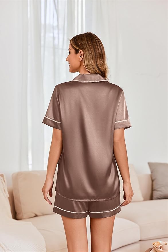 Ekouaer Womens Satin Silk Pajamas Set Short Sleeve Sleepwear Button Down Top and Shorts Loungewear 2 Piece Pjs Set S-XXL