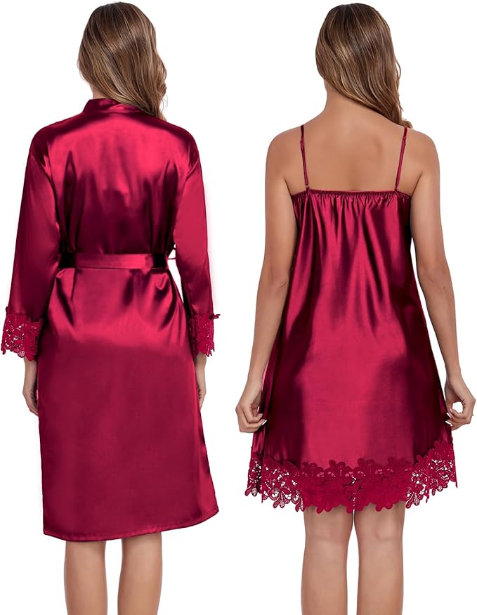 BestWendding Women's Silk Robe Set 2 Pieces Pajamas Sets Sexy Soft Satin Robe with V Neck Camisole Lingerie Nightgown