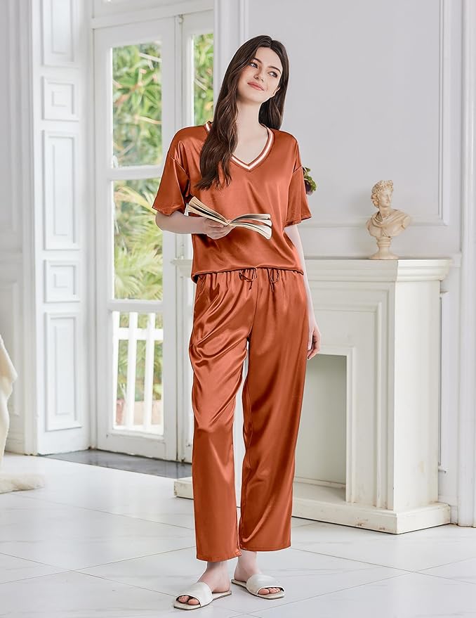 Ekouaer Satin Pajama Set for Women Short Sleeve Silky Pjs 2 Piece Lounge Sets Soft Comfy Sleepwear Loungewear S-XXL