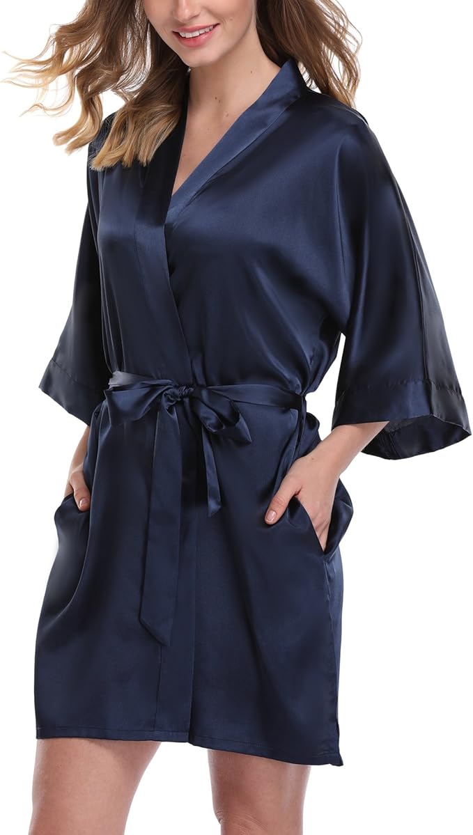 Women's Pure Color Satin Kimono Robe Short Bridesmaids Robe Dressing Gown