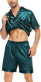 SWOMOG Satin Matching Pajamas Sets Couple Silk Button Down Nightwear Women & Men Short Sleeve Sleepwear 2 Pieces Loungewear
