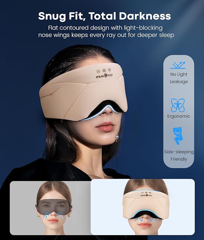 MUSICOZY Bluetooth Sleep Mask Headphones 5.4, Wireless Over-Ear Headphones Washable Zipper Sleep Headphones Mask with HD Stereo Speakers for Side Sleepers Travel & Relaxation, Gifts for Men Women