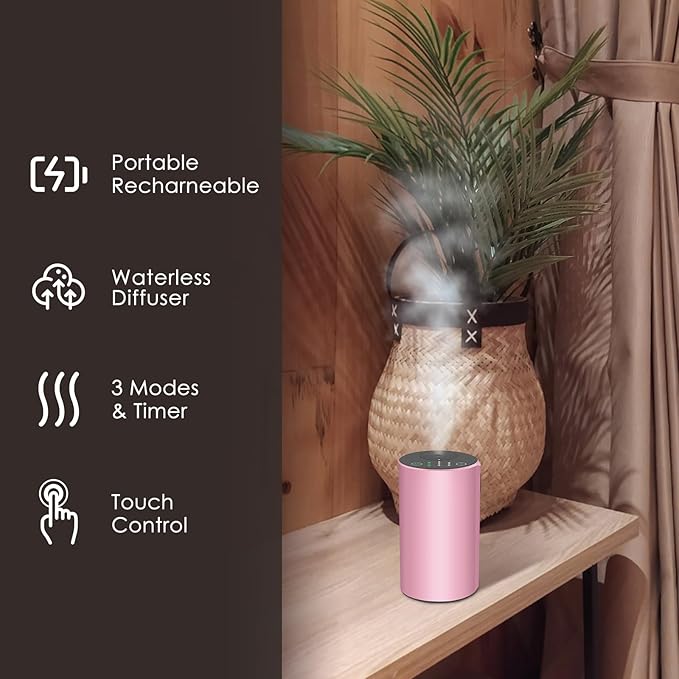 Waterless Essential Oil Diffuser, Battery Powered Mini Scent Air Machine, Aromatherapy Mist Diffuser for Home Room Car Office (Pink Aluminum Alloy)