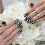 Hypnaughty 24 Pcs LUXE Black and Green Ombre Luxury Rhinestone Coffin Press on Nails with Glitter Design and Glue Long Fake Nails Black and Green Ombre Nails with Glitter and Rhinestones (LUXE)