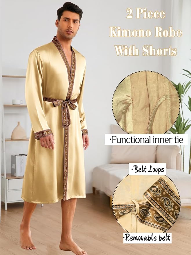 ChiaoLezhee Mens Satin Bath Robe with Shorts Set, Silk Paisley Kimono Lightweight, Soft Long Sleeve Sleepwear