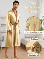 ChiaoLezhee Mens Satin Bath Robe with Shorts Set, Silk Paisley Kimono Lightweight, Soft Long Sleeve Sleepwear